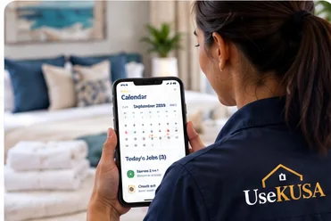 A Cleaning Pro checking her schedule on site