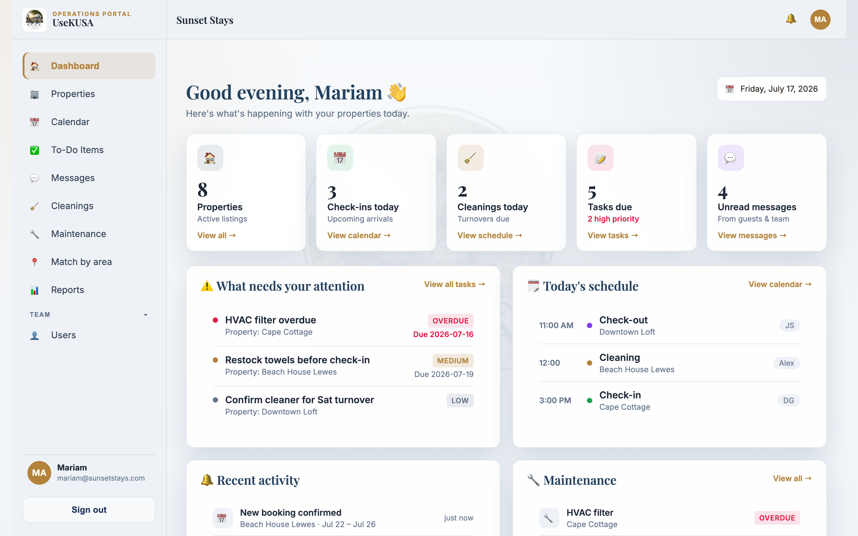 The UseKUSA property operations dashboard